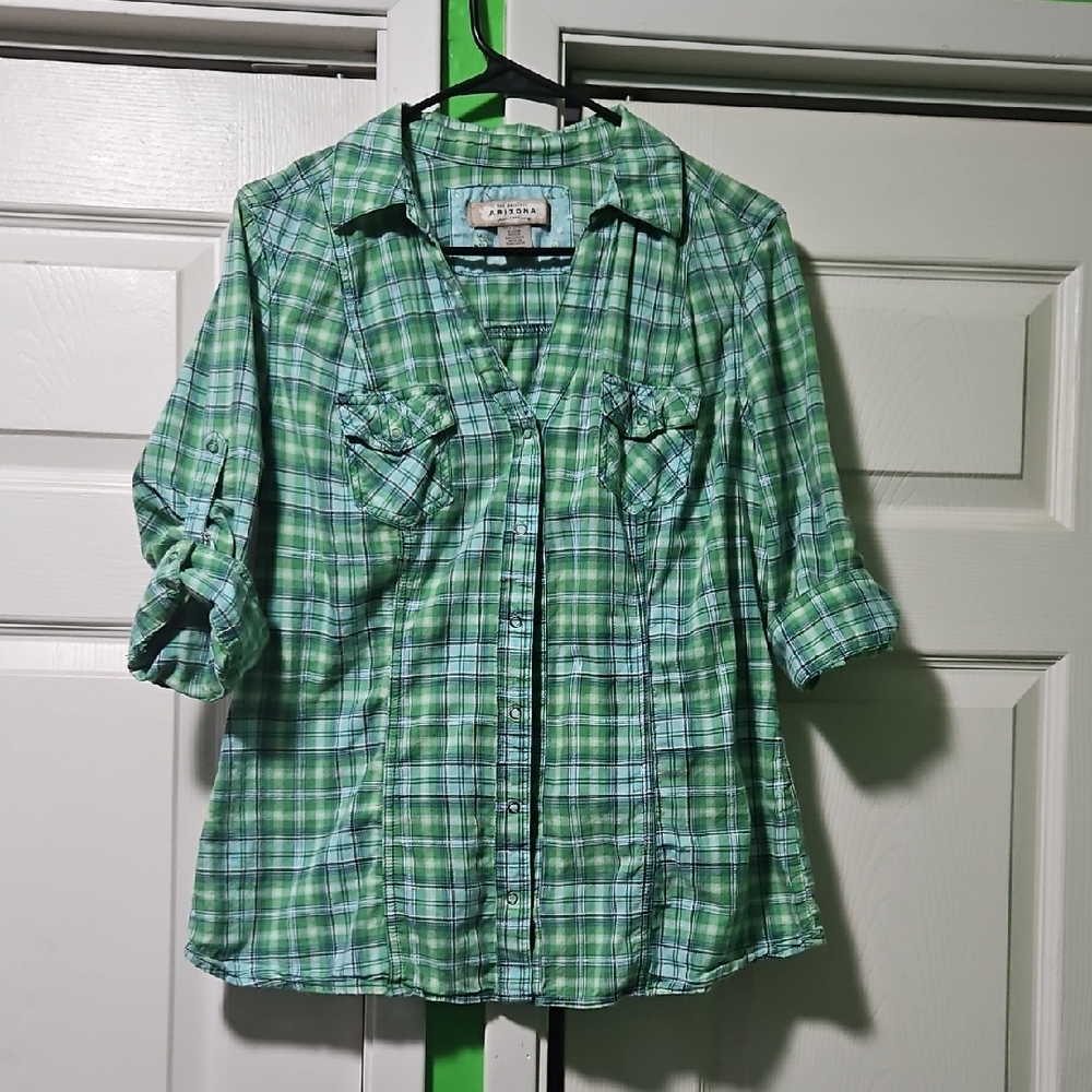 Arizona Jean Company Green & Light Blue Plaid Button Up.